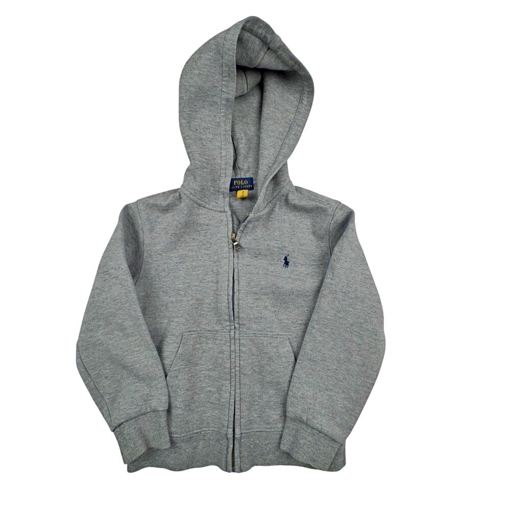 Polo Ralph Lauren Boys Sz 5 Full Zip Gray Hooded Jacket Blue Pony Prep Classic